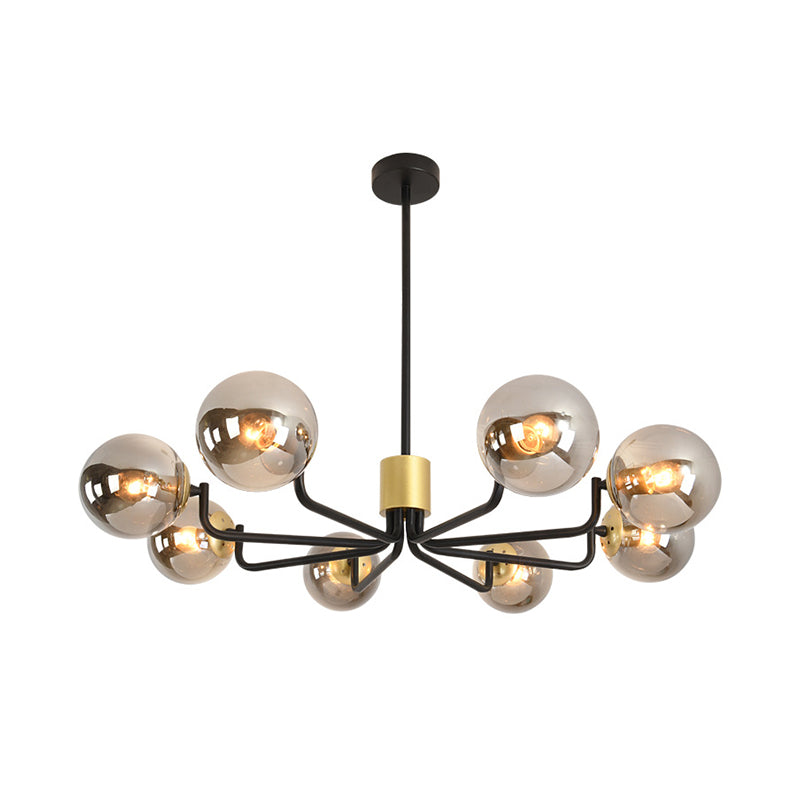 Grey Glass Spherical Suspension Light Post Modern 8-Head Brass and Black Chandelier with Radial Design Clearhalo 'Ceiling Lights' 'Chandeliers' 'Glass shade' 'Glass' 'Modern Chandeliers' 'Modern' Lighting' 520476