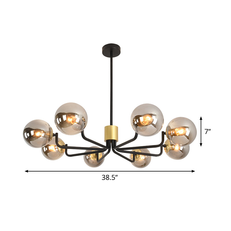 Grey Glass Spherical Suspension Light Post Modern 8-Head Brass and Black Chandelier with Radial Design Clearhalo 'Ceiling Lights' 'Chandeliers' 'Glass shade' 'Glass' 'Modern Chandeliers' 'Modern' Lighting' 520477