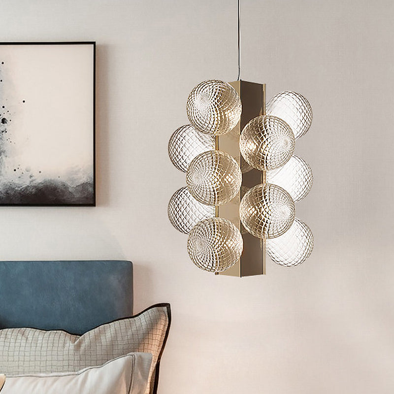 LED Bedside Pendant Modernist Brass Chandelier Light with Bubble Clear Lattice Glass Shade Clearhalo 'Ceiling Lights' 'Chandeliers' 'Clear' 'Close To Ceiling Lights' 'Glass shade' 'Glass' 'Industrial' 'Modern Chandeliers' 'Modern' 'Tiffany' 'Traditional Chandeliers' Lighting' 520512