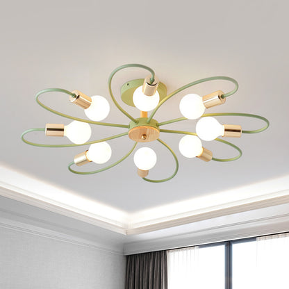 Green Blossom Flush Light Fixture Macaron 8 Bulbs Metallic Semi Ceiling Flush Mount Lamp Green Clearhalo 'Ceiling Lights' 'Close To Ceiling Lights' 'Close to ceiling' 'Glass shade' 'Glass' 'Pendant Lights' 'Semi-flushmount' Lighting' 520523