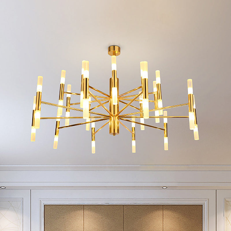 Metallic 2-Tier Slim Tube Pendant Minimalist 40-Head Ceiling Chandelier in Brass for Living Room Clearhalo 'Ceiling Lights' 'Chandeliers' 'Close To Ceiling Lights' 'Glass shade' 'Glass' 'Modern Chandeliers' 'Modern' Lighting' 520537