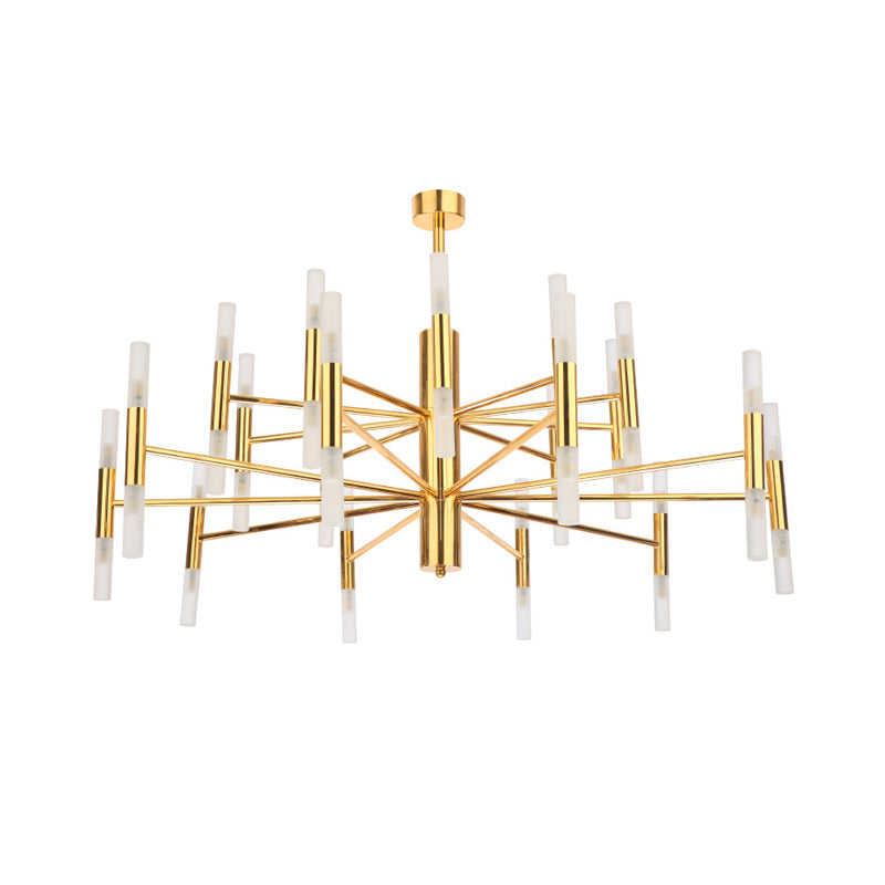 Metallic 2-Tier Slim Tube Pendant Minimalist 40-Head Ceiling Chandelier in Brass for Living Room Clearhalo 'Ceiling Lights' 'Chandeliers' 'Close To Ceiling Lights' 'Glass shade' 'Glass' 'Modern Chandeliers' 'Modern' Lighting' 520538