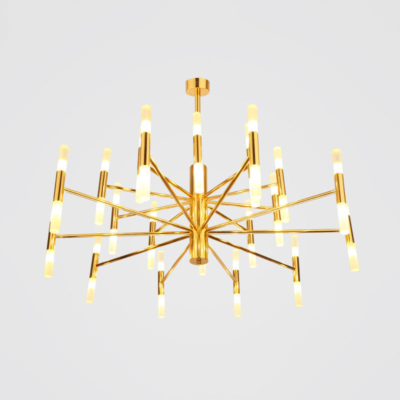 Metallic 2-Tier Slim Tube Pendant Minimalist 40-Head Ceiling Chandelier in Brass for Living Room Clearhalo 'Ceiling Lights' 'Chandeliers' 'Close To Ceiling Lights' 'Glass shade' 'Glass' 'Modern Chandeliers' 'Modern' Lighting' 520539