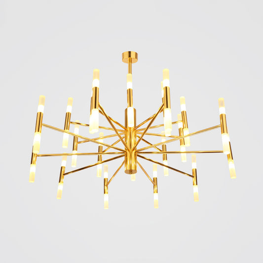 Metallic 2-Tier Slim Tube Pendant Minimalist 40-Head Ceiling Chandelier in Brass for Living Room Clearhalo 'Ceiling Lights' 'Chandeliers' 'Close To Ceiling Lights' 'Glass shade' 'Glass' 'Modern Chandeliers' 'Modern' Lighting' 520539