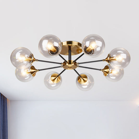 8 Heads Living Room Semi Flush Mount Modernism Brass Flush Light Fixture with Ball Clear Glass Shade Clearhalo 'Ceiling Lights' 'Close To Ceiling Lights' 'Close to ceiling' 'Glass shade' 'Glass' 'Semi-flushmount' Lighting' 520576