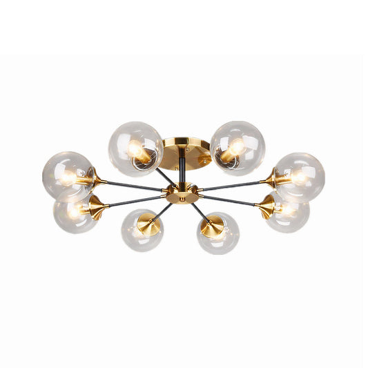 8 Heads Living Room Semi Flush Mount Modernism Brass Flush Light Fixture with Ball Clear Glass Shade Clearhalo 'Ceiling Lights' 'Close To Ceiling Lights' 'Close to ceiling' 'Glass shade' 'Glass' 'Semi-flushmount' Lighting' 520578