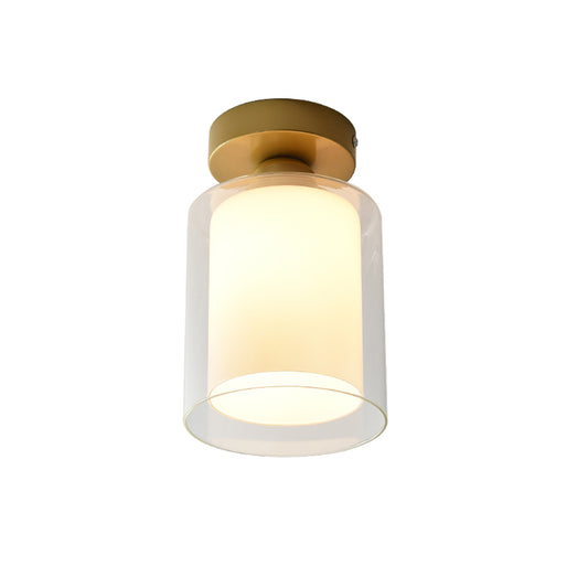 Cylinder Clear and White Glass Flushmount Simple 1 Bulb Corridor Flush Mount Ceiling Light in Brass Clearhalo 'Ceiling Lights' 'Close To Ceiling Lights' 'Close to ceiling' 'Glass shade' 'Glass' 'Semi-flushmount' Lighting' 520582