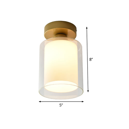 Cylinder Clear and White Glass Flushmount Simple 1 Bulb Corridor Flush Mount Ceiling Light in Brass Clearhalo 'Ceiling Lights' 'Close To Ceiling Lights' 'Close to ceiling' 'Glass shade' 'Glass' 'Semi-flushmount' Lighting' 520584
