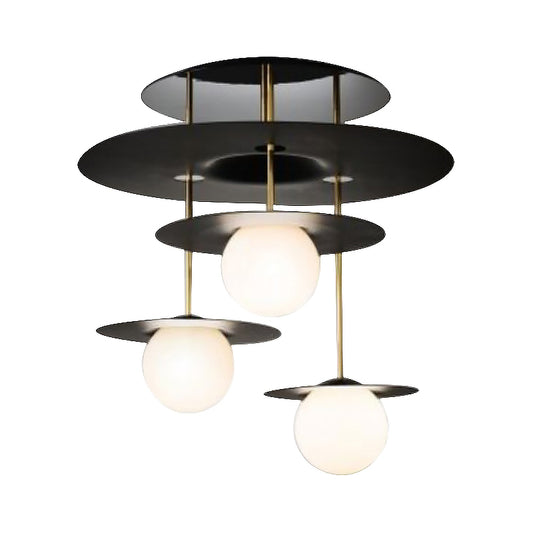 Metal Disk Flush Light Fixture Modernist 3 Bulbs Black Semi Flush Mount Ceiling Lamp with Ball White Glass Shade Clearhalo 'Ceiling Lights' 'Close To Ceiling Lights' 'Close to ceiling' 'Glass shade' 'Glass' 'Semi-flushmount' Lighting' 520597