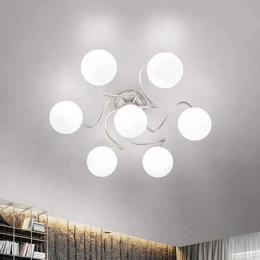 Modern 7-Light Semi Flush Lamp with Frosted White Glass Shade Silver Modo Ceiling Flush Mount, Twisted Arm Silver Clearhalo 'Ceiling Lights' 'Close To Ceiling Lights' 'Close to ceiling' 'Glass shade' 'Glass' 'Semi-flushmount' Lighting' 520609