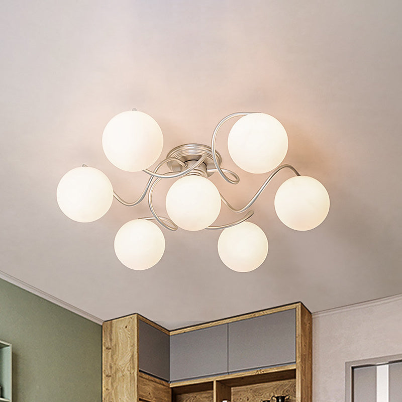 Modern 7-Light Semi Flush Lamp with Frosted White Glass Shade Silver Modo Ceiling Flush Mount, Twisted Arm Clearhalo 'Ceiling Lights' 'Close To Ceiling Lights' 'Close to ceiling' 'Glass shade' 'Glass' 'Semi-flushmount' Lighting' 520610