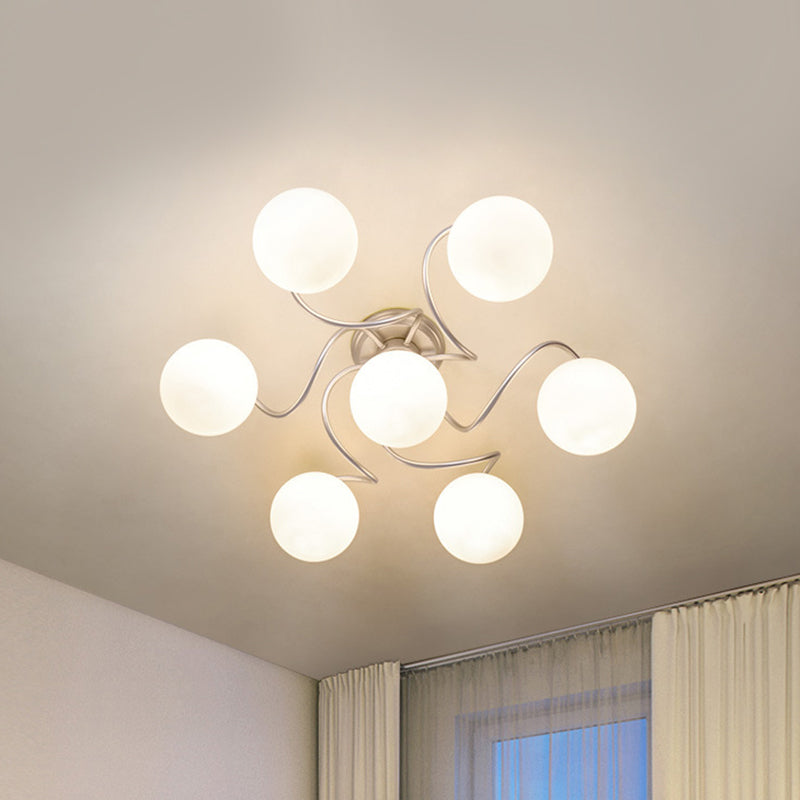 Modern 7-Light Semi Flush Lamp with Frosted White Glass Shade Silver Modo Ceiling Flush Mount, Twisted Arm Clearhalo 'Ceiling Lights' 'Close To Ceiling Lights' 'Close to ceiling' 'Glass shade' 'Glass' 'Semi-flushmount' Lighting' 520611