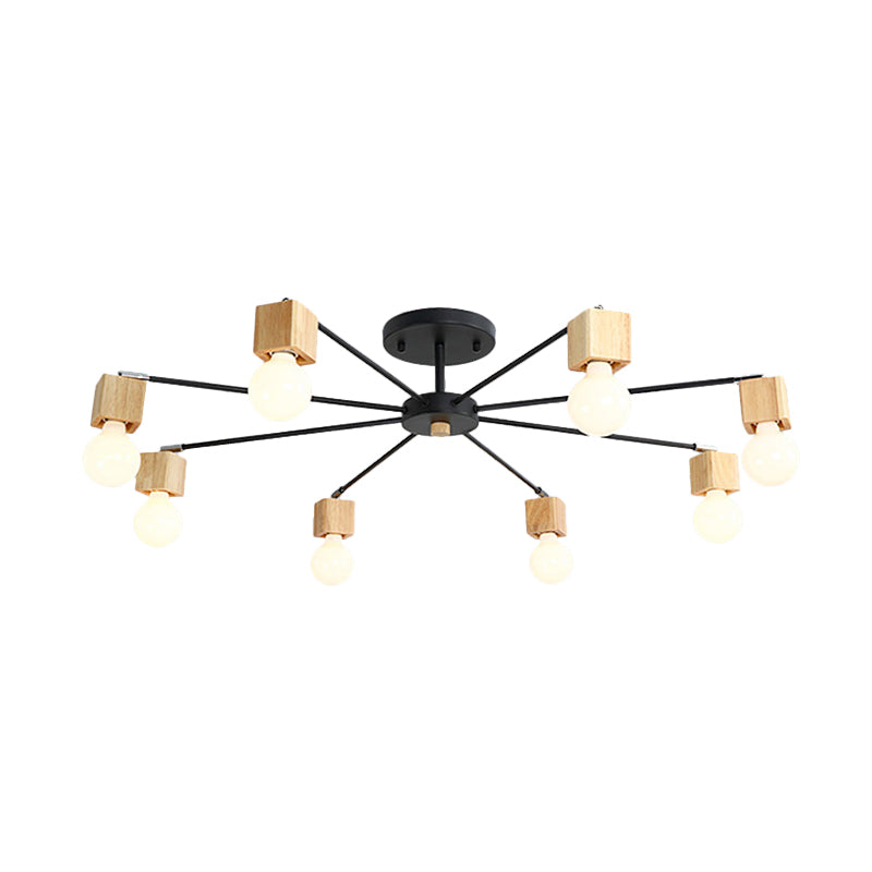 Metal Radial Flush Lamp Contemporary 8-Light Semi Flush Ceiling Light in Black with Cube Wood Cap Clearhalo 'Ceiling Lights' 'Close To Ceiling Lights' 'Close to ceiling' 'Glass shade' 'Glass' 'Semi-flushmount' Lighting' 520621