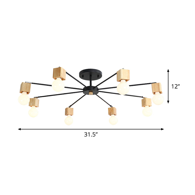 Metal Radial Flush Lamp Contemporary 8-Light Semi Flush Ceiling Light in Black with Cube Wood Cap Clearhalo 'Ceiling Lights' 'Close To Ceiling Lights' 'Close to ceiling' 'Glass shade' 'Glass' 'Semi-flushmount' Lighting' 520623