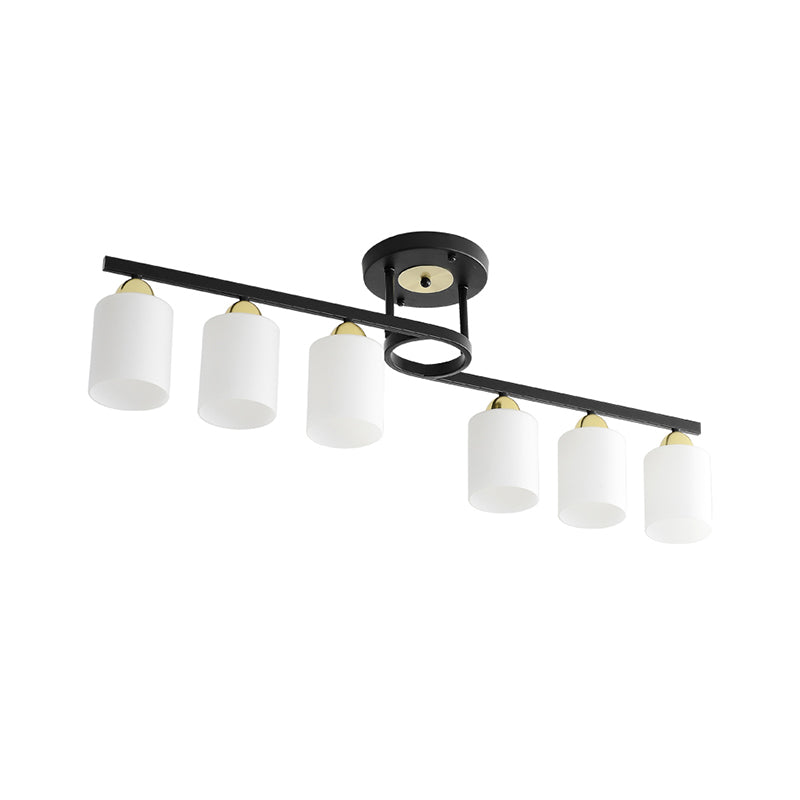 6-Light Living Room Semi Flushmount Modernism Black Ceiling Flush Mount with Cylinder Cream Glass Shade Clearhalo 'Ceiling Lights' 'Close To Ceiling Lights' 'Close to ceiling' 'Glass shade' 'Glass' 'Pendant Lights' 'Semi-flushmount' Lighting' 520637