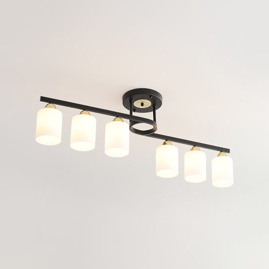 6-Light Living Room Semi Flushmount Modernism Black Ceiling Flush Mount with Cylinder Cream Glass Shade Clearhalo 'Ceiling Lights' 'Close To Ceiling Lights' 'Close to ceiling' 'Glass shade' 'Glass' 'Pendant Lights' 'Semi-flushmount' Lighting' 520638