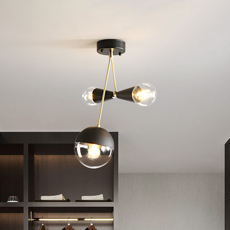 Black Ball and Hourglass Semi Flush Mount Contemporary 3 Bulbs Clear Glass Close to Ceiling Light Black Clearhalo 'Ceiling Lights' 'Close To Ceiling Lights' 'Close to ceiling' 'Glass shade' 'Glass' 'Island Lights' 'Semi-flushmount' Lighting' 520656