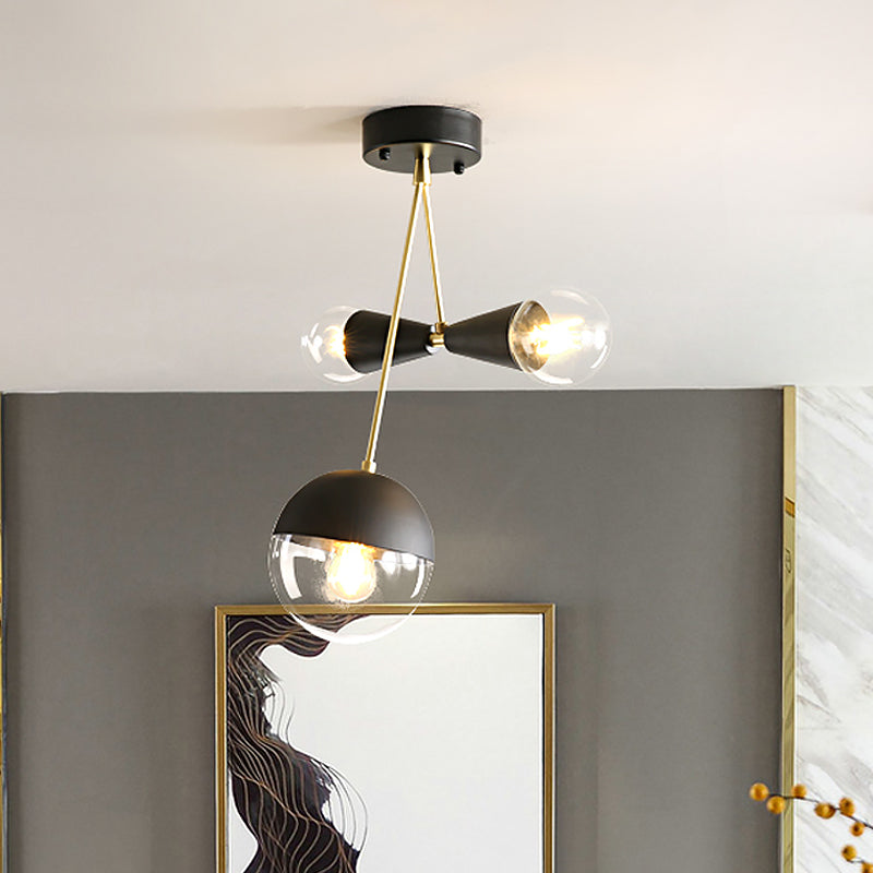 Black Ball and Hourglass Semi Flush Mount Contemporary 3 Bulbs Clear Glass Close to Ceiling Light Clearhalo 'Ceiling Lights' 'Close To Ceiling Lights' 'Close to ceiling' 'Glass shade' 'Glass' 'Island Lights' 'Semi-flushmount' Lighting' 520657