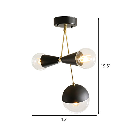 Black Ball and Hourglass Semi Flush Mount Contemporary 3 Bulbs Clear Glass Close to Ceiling Light Clearhalo 'Ceiling Lights' 'Close To Ceiling Lights' 'Close to ceiling' 'Glass shade' 'Glass' 'Island Lights' 'Semi-flushmount' Lighting' 520660