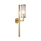 Modernist Cylinder Sconce Light Fixture Clear Water Glass 1 Light Corner Wall Lamp in Brass with Pencil Arm Clearhalo 'Cast Iron' 'Glass' 'Industrial' 'Modern wall lights' 'Modern' 'Tiffany' 'Traditional wall lights' 'Wall Lamps & Sconces' 'Wall Lights' Lighting' 520683