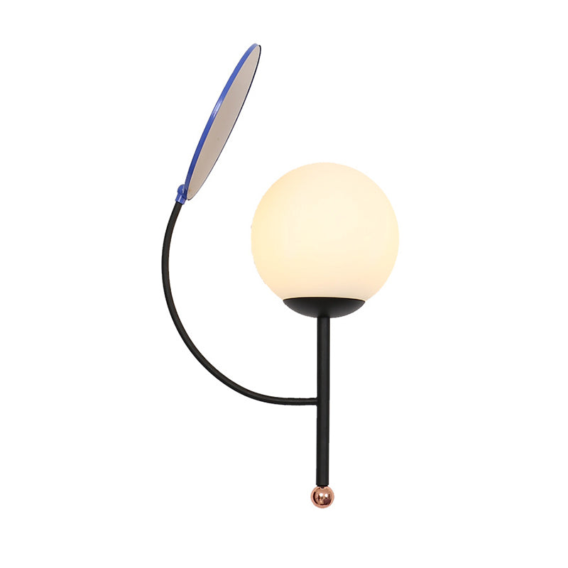 Black Round Wall Lighting Contemporary 1 Light White Frosted Glass Sconce with Mirror Deco for Bedside Clearhalo 'Cast Iron' 'Glass' 'Industrial' 'Modern wall lights' 'Modern' 'Tiffany' 'Traditional wall lights' 'Wall Lamps & Sconces' 'Wall Lights' Lighting' 520708