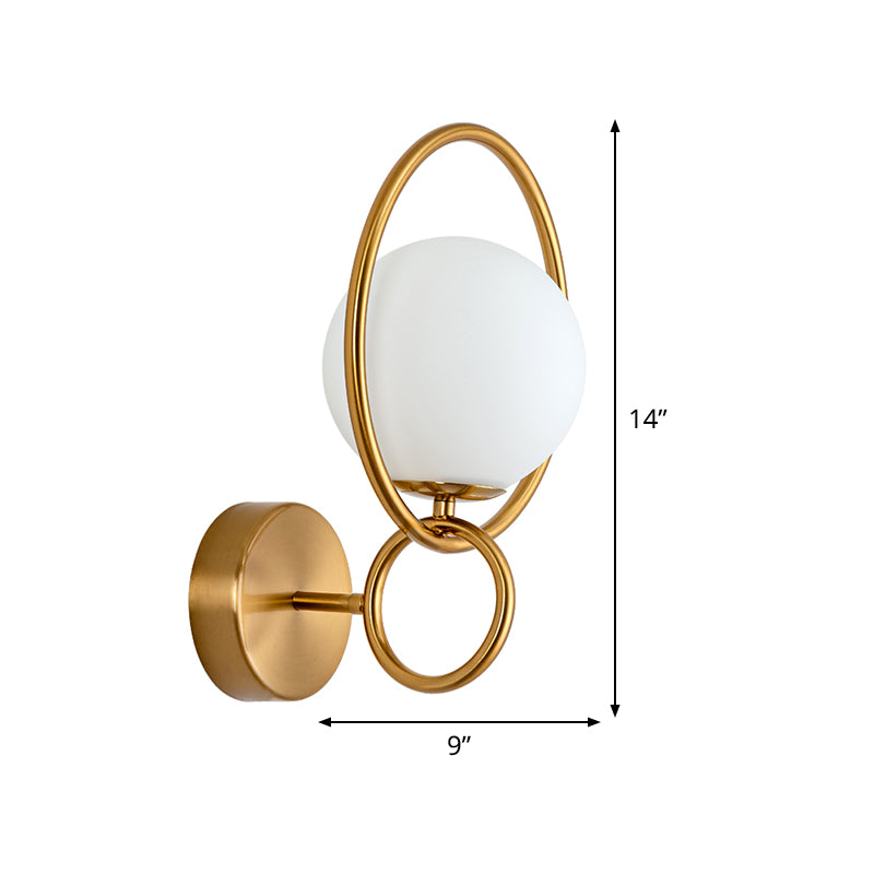 Ring Iron Wall Mount Lighting Post Modern 1-Bulb Brass Finish Wall Lamp Sconce with Ball Opal Glass Shade Clearhalo 'Cast Iron' 'Glass' 'Industrial' 'Modern wall lights' 'Modern' 'Tiffany' 'Traditional wall lights' 'Wall Lamps & Sconces' 'Wall Lights' Lighting' 520730