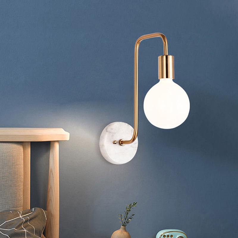 Gold Sphere Sconce Light Fixture Modernism 1-Head Cream Glass Wall Mounted Lamp with Right Angle Arm Gold Clearhalo 'Cast Iron' 'Glass' 'Industrial' 'Modern wall lights' 'Modern' 'Tiffany' 'Traditional wall lights' 'Wall Lamps & Sconces' 'Wall Lights' Lighting' 520731