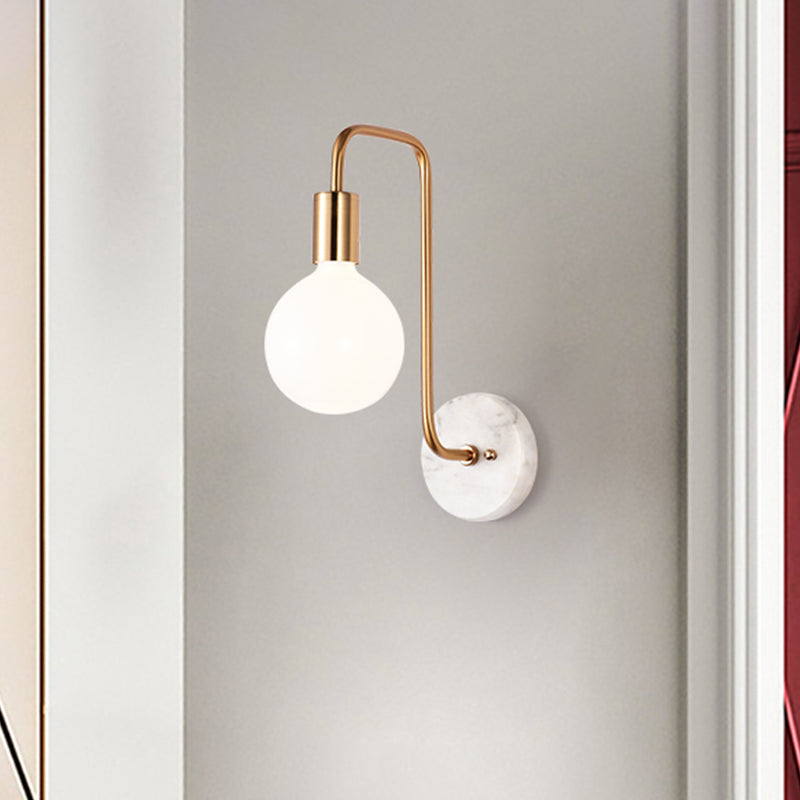 Gold Sphere Sconce Light Fixture Modernism 1-Head Cream Glass Wall Mounted Lamp with Right Angle Arm