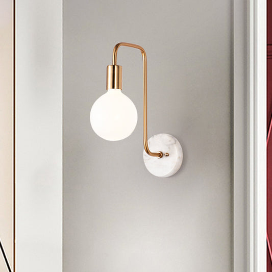 Gold Sphere Sconce Light Fixture Modernism 1-Head Cream Glass Wall Mounted Lamp with Right Angle Arm Clearhalo 'Cast Iron' 'Glass' 'Industrial' 'Modern wall lights' 'Modern' 'Tiffany' 'Traditional wall lights' 'Wall Lamps & Sconces' 'Wall Lights' Lighting' 520732