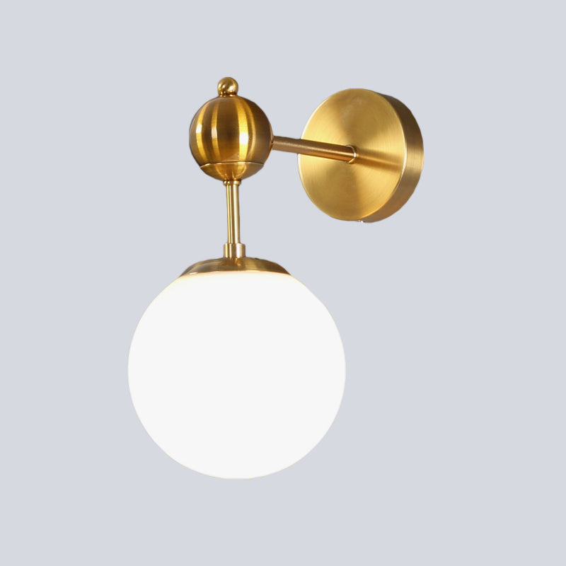 White Glass Global Wall Light Fixture Post Modern 1-Bulb Sconce Lamp in Brass with Adjustable Node Clearhalo 'Cast Iron' 'Glass' 'Industrial' 'Modern wall lights' 'Modern' 'Tiffany' 'Traditional wall lights' 'Wall Lamps & Sconces' 'Wall Lights' Lighting' 520739