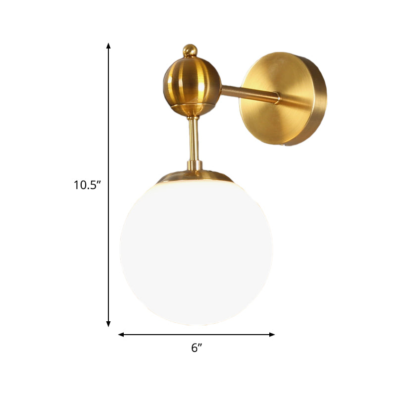 White Glass Global Wall Light Fixture Post Modern 1-Bulb Sconce Lamp in Brass with Adjustable Node Clearhalo 'Cast Iron' 'Glass' 'Industrial' 'Modern wall lights' 'Modern' 'Tiffany' 'Traditional wall lights' 'Wall Lamps & Sconces' 'Wall Lights' Lighting' 520740