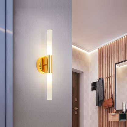 Minimalist Slim Tubular Wall Sconce White Glass LED Corner Wall Lighting Fixture in Brass Brass Clearhalo 'Cast Iron' 'Glass' 'Industrial' 'Modern wall lights' 'Modern' 'Tiffany' 'Traditional wall lights' 'Wall Lamps & Sconces' 'Wall Lights' Lighting' 520746