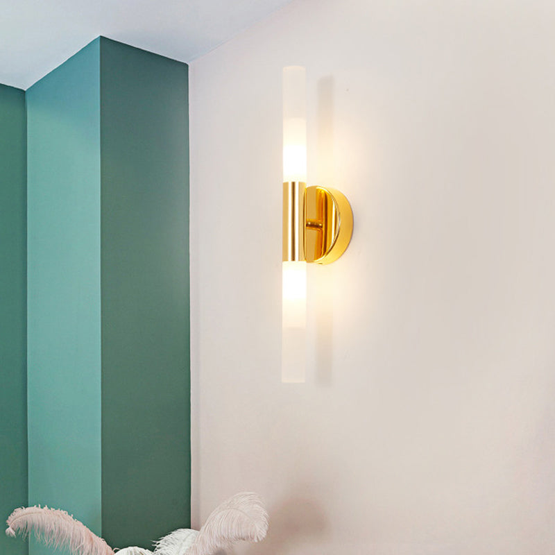 Minimalist Slim Tubular Wall Sconce White Glass LED Corner Wall Lighting Fixture in Brass - Clearhalo - 'Cast Iron' - 'Glass' - 'Industrial' - 'Modern wall lights' - 'Modern' - 'Tiffany' - 'Traditional wall lights' - 'Wall Lamps & Sconces' - 'Wall Lights' - Lighting' - 520747