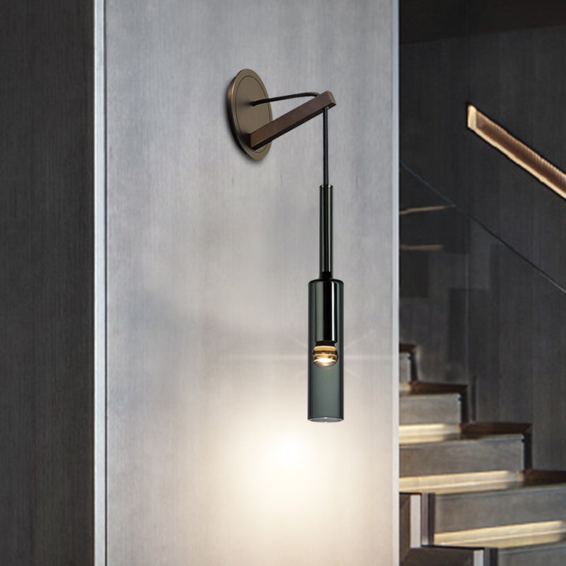 Tube Stairway Sconce Light Fixture Black Glass 1-Light Modernist Wall Mount Lamp with Suspending Cord Black Clearhalo 'Cast Iron' 'Glass' 'Industrial' 'Modern wall lights' 'Modern' 'Tiffany' 'Traditional wall lights' 'Wall Lamps & Sconces' 'Wall Lights' Lighting' 520751