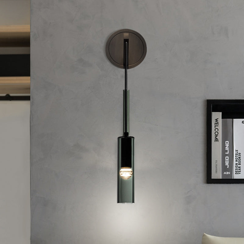 Tube Stairway Sconce Light Fixture Black Glass 1-Light Modernist Wall Mount Lamp with Suspending Cord Clearhalo 'Cast Iron' 'Glass' 'Industrial' 'Modern wall lights' 'Modern' 'Tiffany' 'Traditional wall lights' 'Wall Lamps & Sconces' 'Wall Lights' Lighting' 520752