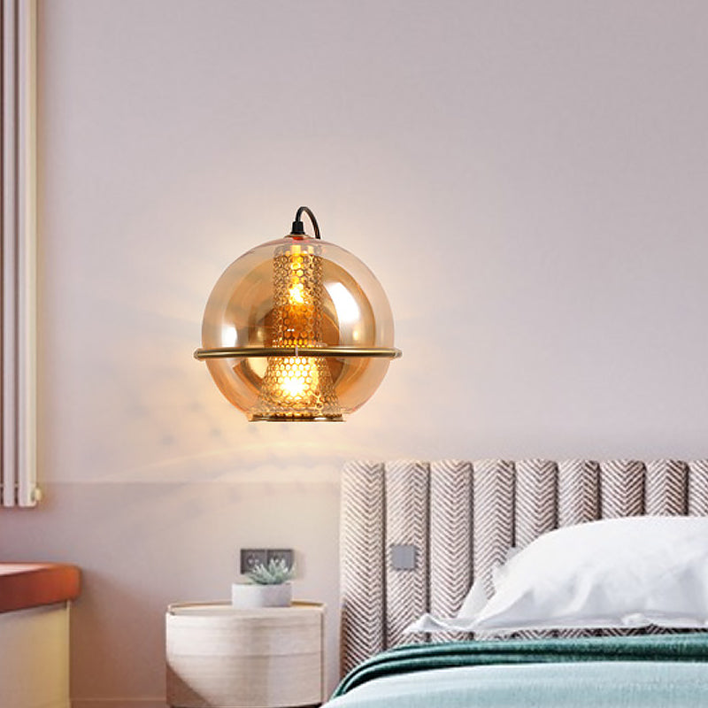 Brass Sphere Sconce Lamp Post Modern 1-Head Cognac Glass Wall Mounted Light Fixture for Bedside Brass Clearhalo 'Cast Iron' 'Glass' 'Industrial' 'Modern wall lights' 'Modern' 'Tiffany' 'Traditional wall lights' 'Wall Lamps & Sconces' 'Wall Lights' Lighting' 520756