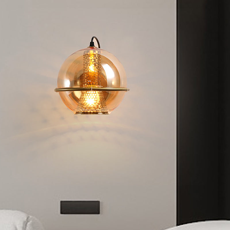 Brass Sphere Sconce Lamp Post Modern 1-Head Cognac Glass Wall Mounted Light Fixture for Bedside