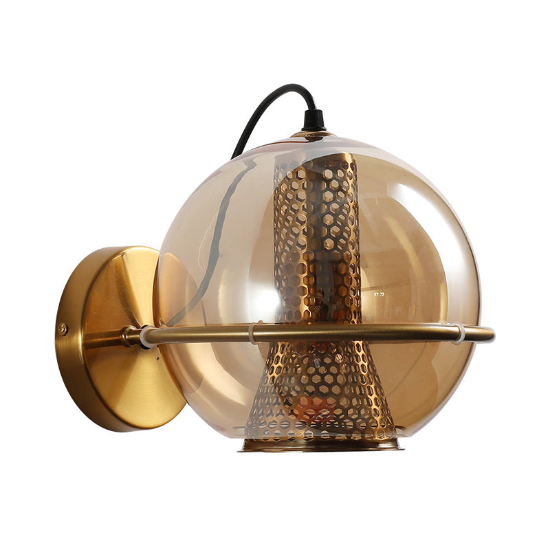 Brass Sphere Sconce Lamp Post Modern 1-Head Cognac Glass Wall Mounted Light Fixture for Bedside Clearhalo 'Cast Iron' 'Glass' 'Industrial' 'Modern wall lights' 'Modern' 'Tiffany' 'Traditional wall lights' 'Wall Lamps & Sconces' 'Wall Lights' Lighting' 520758