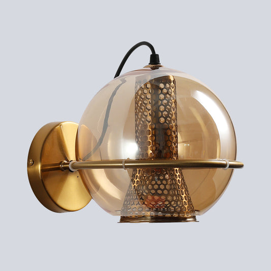 Brass Sphere Sconce Lamp Post Modern 1-Head Cognac Glass Wall Mounted Light Fixture for Bedside Clearhalo 'Cast Iron' 'Glass' 'Industrial' 'Modern wall lights' 'Modern' 'Tiffany' 'Traditional wall lights' 'Wall Lamps & Sconces' 'Wall Lights' Lighting' 520759