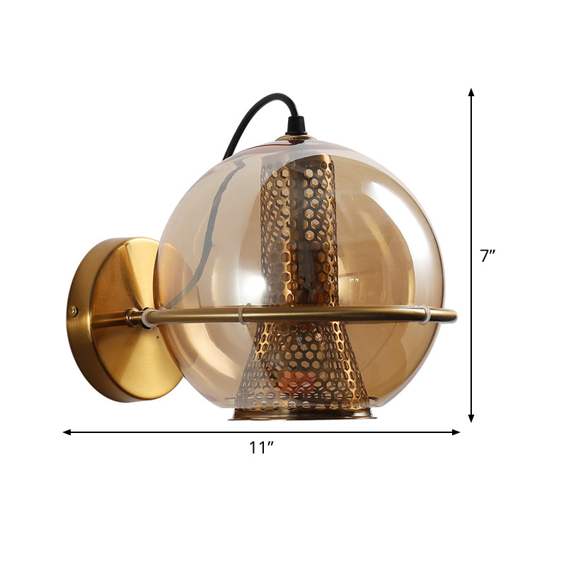 Brass Sphere Sconce Lamp Post Modern 1-Head Cognac Glass Wall Mounted Light Fixture for Bedside