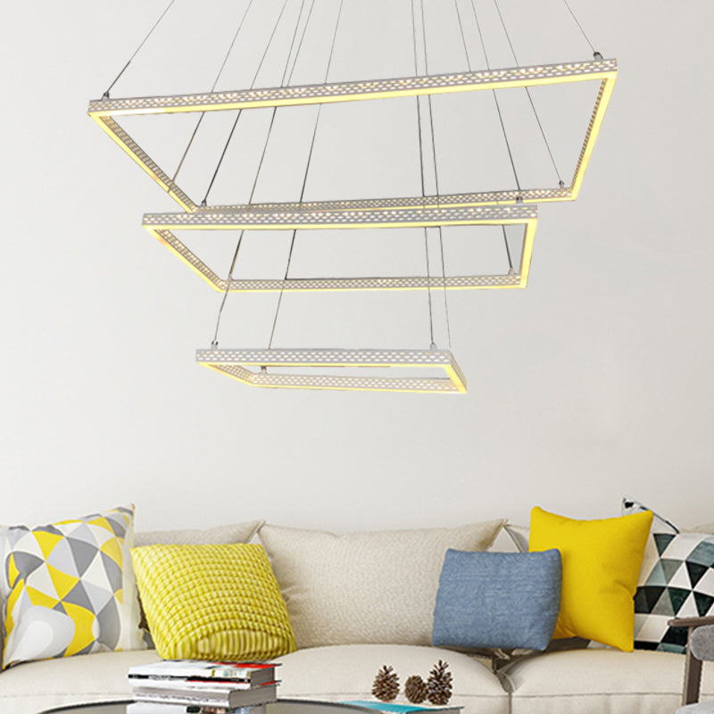 White Rectangular Chandelier Lighting Modernist 3 Lights Metal Ceiling Pendant Lamp Fixture in White/Warm/Natural Light White Clearhalo 'Ceiling Lights' 'Chandeliers' 'Modern Chandeliers' 'Modern' Lighting' 520792