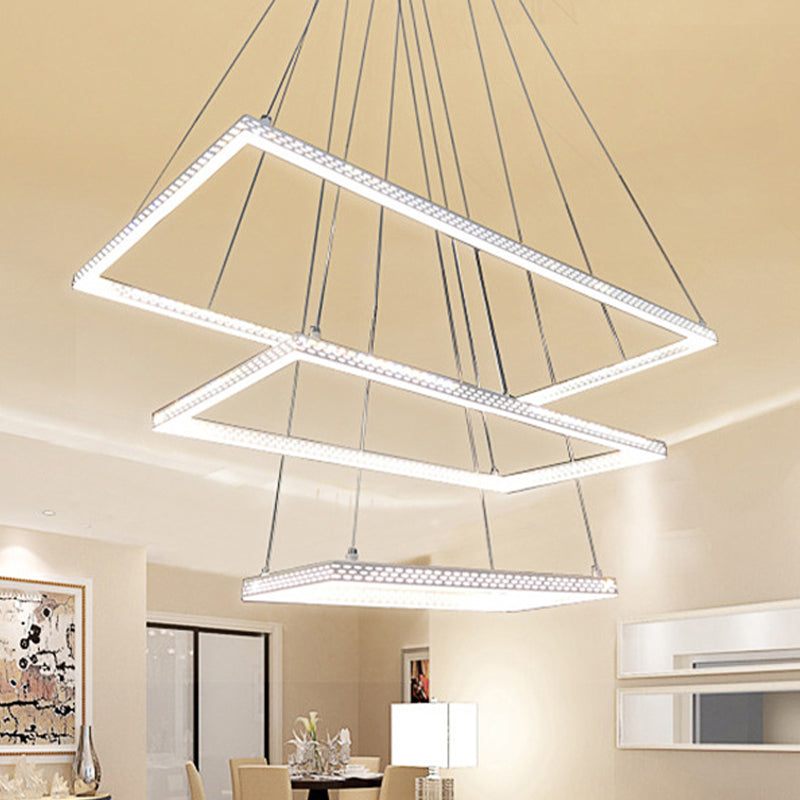 White Rectangular Chandelier Lighting Modernist 3 Lights Metal Ceiling Pendant Lamp Fixture in White/Warm/Natural Light Clearhalo 'Ceiling Lights' 'Chandeliers' 'Modern Chandeliers' 'Modern' Lighting' 520793