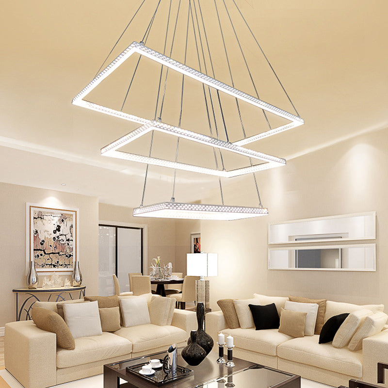 White Rectangular Chandelier Lighting Modernist 3 Lights Metal Ceiling Pendant Lamp Fixture in White/Warm/Natural Light Clearhalo 'Ceiling Lights' 'Chandeliers' 'Modern Chandeliers' 'Modern' Lighting' 520794