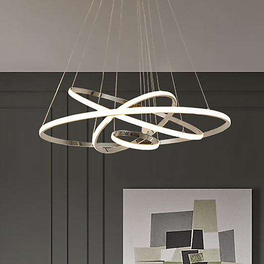 3/4 Lights Living Room Chandelier with Ring Acrylic Shade Modern Gold/Chrome Led Hanging Light Fixture in Warm Light Clearhalo 'Ceiling Lights' 'Chandeliers' 'Modern Chandeliers' 'Modern' Lighting' 520904