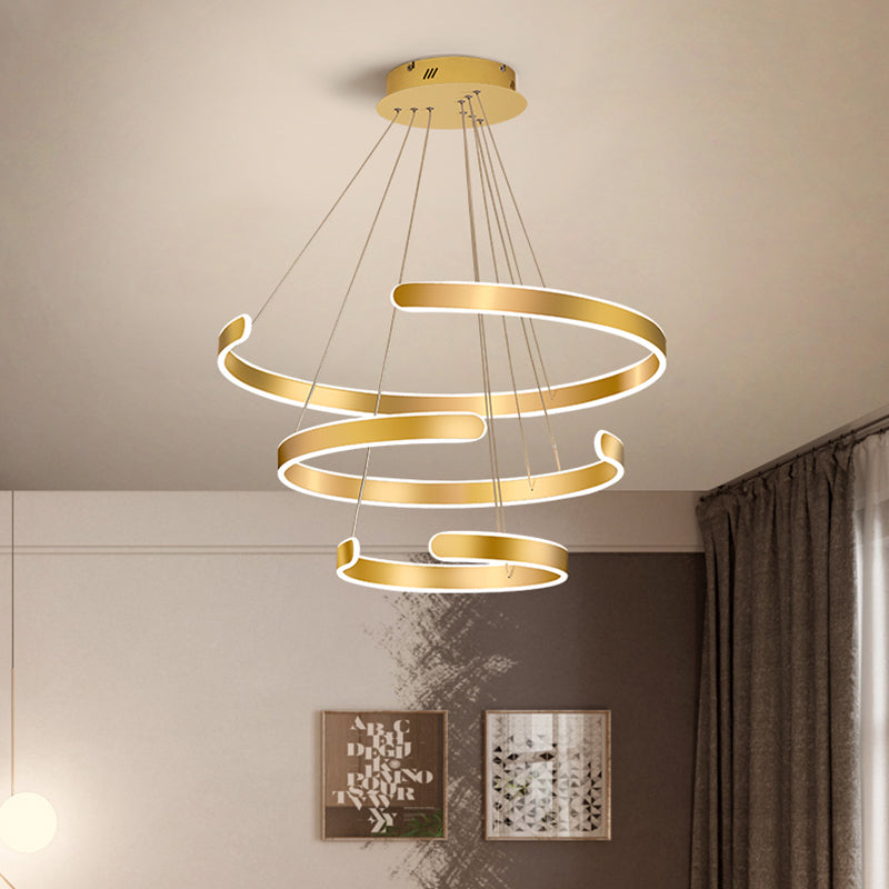 1/2/3 Lights Dining Room Chandelier with Ring Acrylic Shade Modern Gold Led Hanging Light Fixture in White/Warm Light 3 Gold Clearhalo 'Ceiling Lights' 'Chandeliers' 'Modern Chandeliers' 'Modern' Lighting' 520955