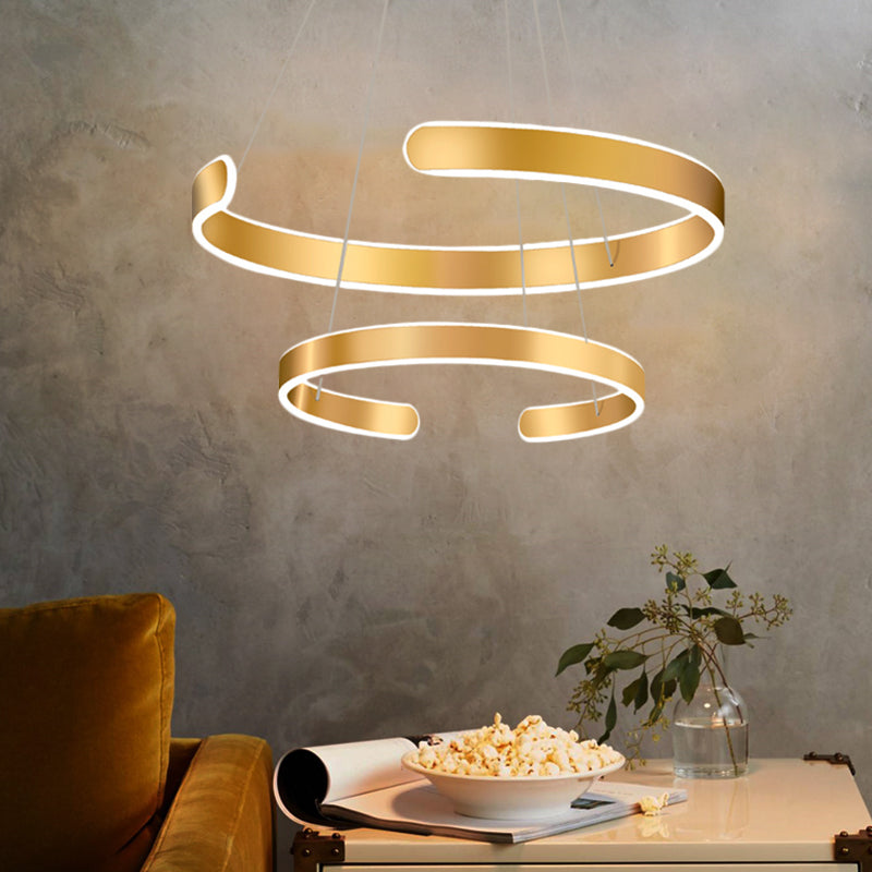 1/2/3 Lights Dining Room Chandelier with Ring Acrylic Shade Modern Gold Led Hanging Light Fixture in White/Warm Light 2 Gold Clearhalo 'Ceiling Lights' 'Chandeliers' 'Modern Chandeliers' 'Modern' Lighting' 520959
