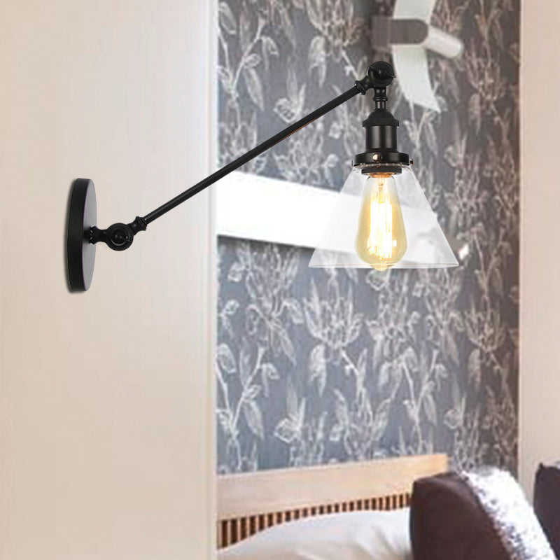 Industrial Conical Sconce Light 1 Light Clear Glass Lighting Fixture in Black/Bronze/Brass, 8"/12" L Arm Black Clearhalo 'Art deco wall lights' 'Cast Iron' 'Glass' 'Industrial wall lights' 'Industrial' 'Middle century wall lights' 'Modern' 'Rustic wall lights' 'Tiffany' 'Traditional wall lights' 'Wall Lamps & Sconces' 'Wall Lights' Lighting' 521023