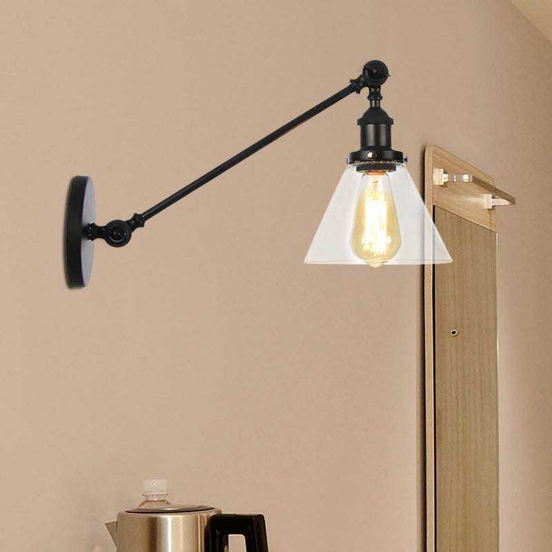 Industrial Conical Sconce Light 1 Light Clear Glass Lighting Fixture in Black/Bronze/Brass, 8"/12" L Arm Clearhalo 'Art deco wall lights' 'Cast Iron' 'Glass' 'Industrial wall lights' 'Industrial' 'Middle century wall lights' 'Modern' 'Rustic wall lights' 'Tiffany' 'Traditional wall lights' 'Wall Lamps & Sconces' 'Wall Lights' Lighting' 521024