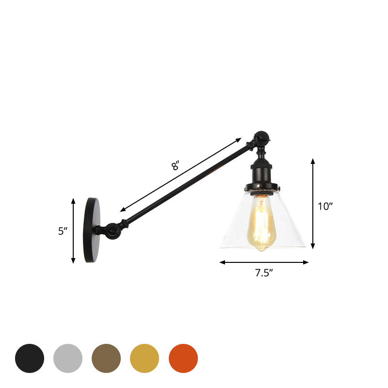 Industrial Conical Sconce Light 1 Light Clear Glass Lighting Fixture in Black/Bronze/Brass, 8"/12" L Arm Clearhalo 'Art deco wall lights' 'Cast Iron' 'Glass' 'Industrial wall lights' 'Industrial' 'Middle century wall lights' 'Modern' 'Rustic wall lights' 'Tiffany' 'Traditional wall lights' 'Wall Lamps & Sconces' 'Wall Lights' Lighting' 521025