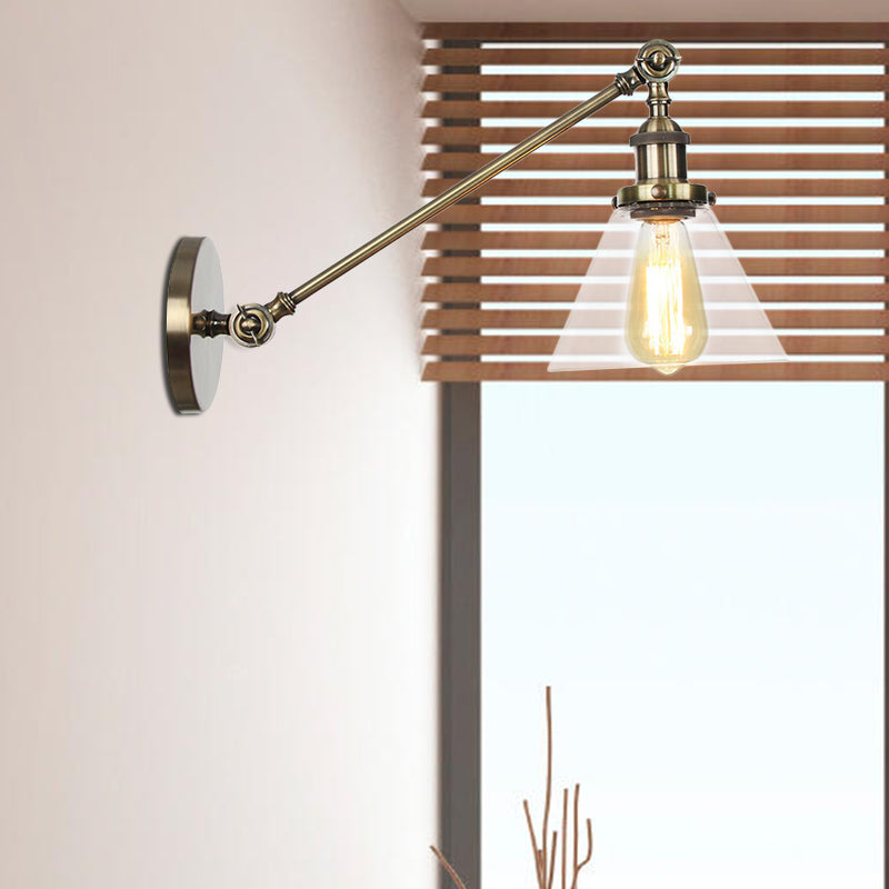 Industrial Conical Sconce Light 1 Light Clear Glass Lighting Fixture in Black/Bronze/Brass, 8"/12" L Arm Clearhalo 'Art deco wall lights' 'Cast Iron' 'Glass' 'Industrial wall lights' 'Industrial' 'Middle century wall lights' 'Modern' 'Rustic wall lights' 'Tiffany' 'Traditional wall lights' 'Wall Lamps & Sconces' 'Wall Lights' Lighting' 521028